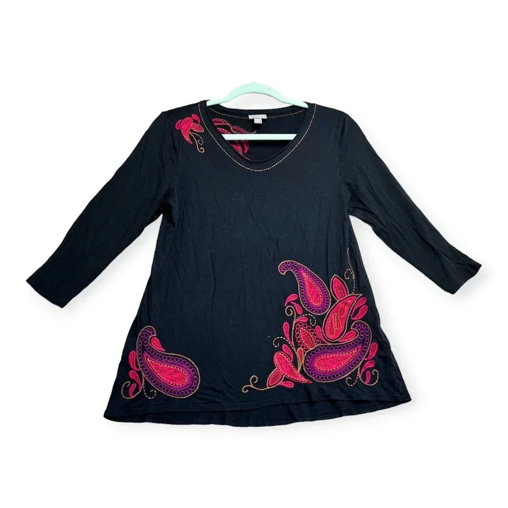 J.Jill Womens Pima Cotton Modal Black Embroidered Paisley Top Sz Petite S Boho
